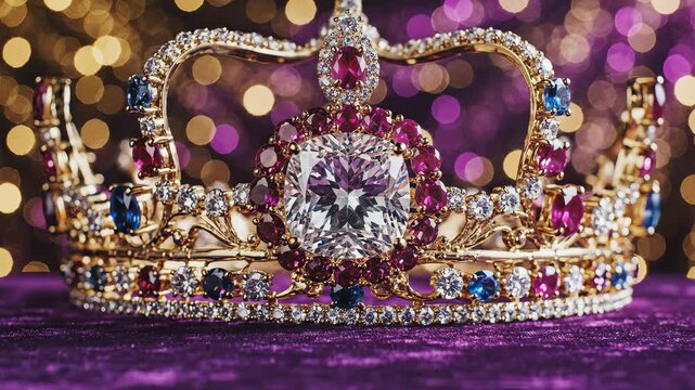 Golden crown with colorful gemstones for commercial backgrounds, digital design, and advertising