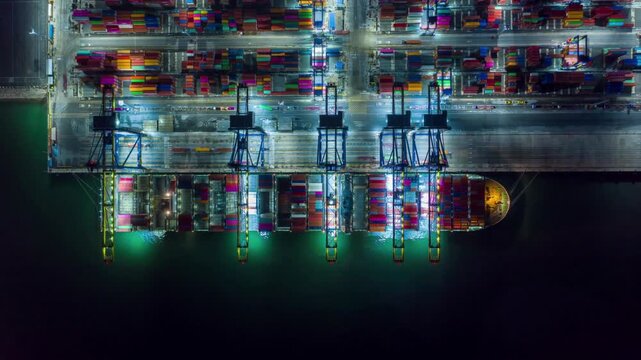 Container port terminal facility in night light import export business finance background