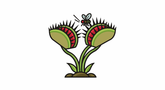 Cartoon fly approaching a carnivorous Venus flytrap plant
