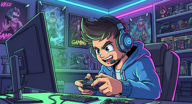 Gamer playing video games in neon lit room with modern gaming setup and computer equipment