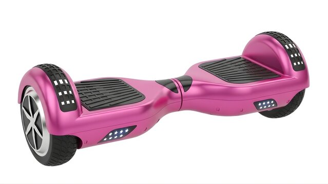 A pink hoverboard with black footpads and wheels on a transparent background