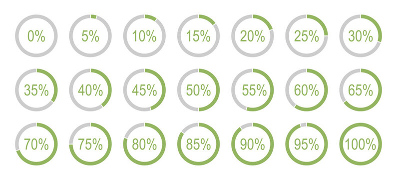 Percentage round diagram icons for infographics from 0 to 100 percent. Green, grey colour fill divided pie charts indicator layouts. Infographic bar element. Loading circle graph progress flat samples