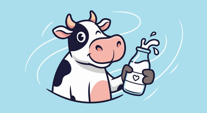 Cartoon cow with a bottle of milk on a light blue background