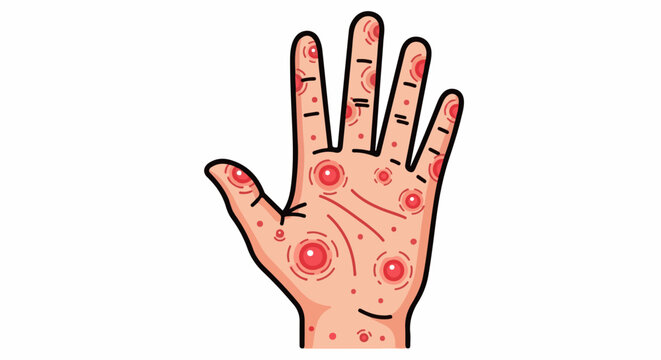 Cartoon hand with red rash and circular lesions