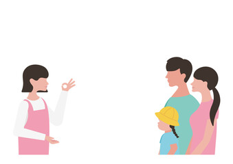Obraz premium OKサインをする保育士と女の子・両親のベクターイラスト素材