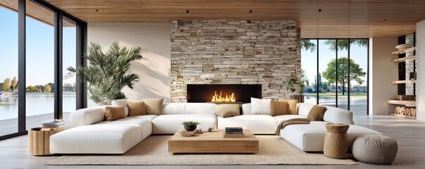 Obraz premium Modern living room with large white sofa, stone fireplace and panoramic lake view