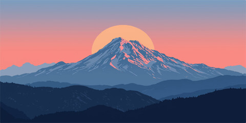 Fototapeta premium A breathtaking winter landscape of the snow-covered Mount Hood peak in Oregon during a vibrant sunrise and sunset with a view of the volcano glacier under a cloudy sky
