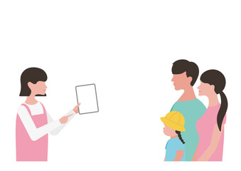 Fototapeta premium タブレットで説明をする保育士と女の子・両親のベクターイラスト素