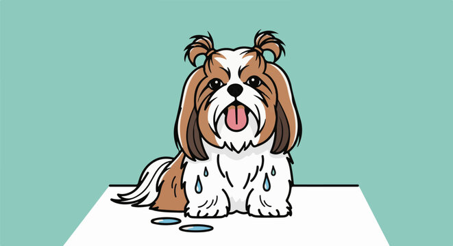 Cute cartoon Shih Tzu with drool and pigtails sits on a surface