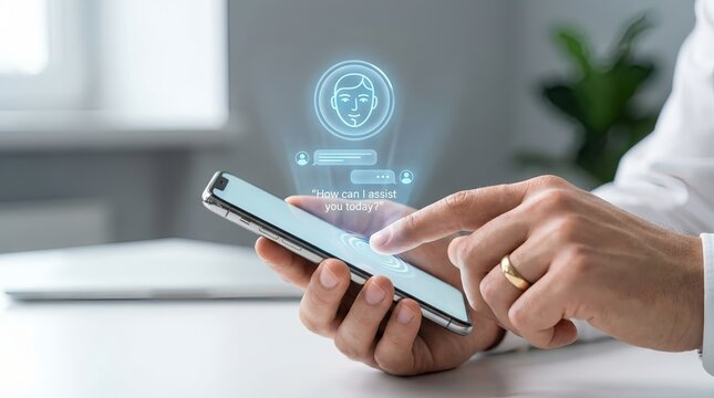 A person interacts with a smartphone displaying a facial recognition interface in a modern office setting.