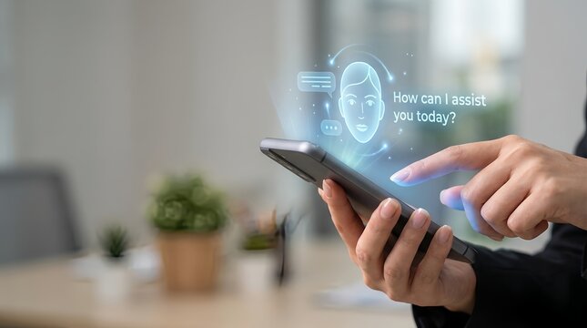 A person interacts with a smartphone featuring an AI assistant interface in a modern office setting.