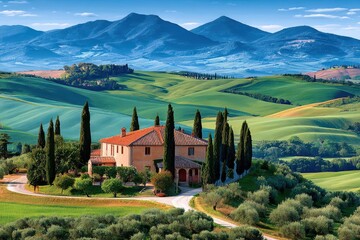 Fototapeta premium Tuscan farmhouse among rolling green hills and cypress trees under a blue mountain sky