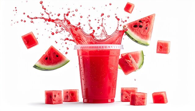 A clear plastic takeaway cup filled with watermelon juice, liquid bursting upward with energetic splashes, surrounded by floating watermelon slices and cubes, isolated on a white background, minimal c