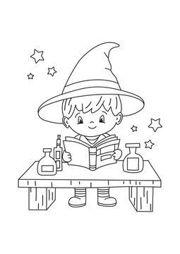 Cute little wizard reading book at table &ndash; magic potion coloring page outline