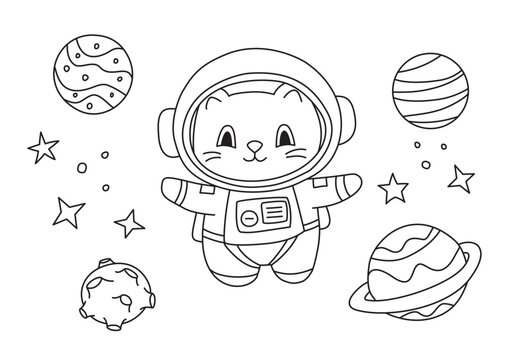 Cute Space Cat Astronaut Coloring Page &ndash; Cartoon Kitten in Spacesuit with Planets and Stars Outline
