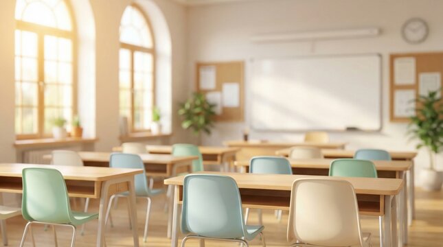 A bright, sunlit empty classroom with colorful desks and chairs, a whiteboard, and large windows, creating an inviting learning space.