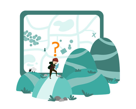 Lost hiker reading map in nature &ndash; navigation and travel concept illustration