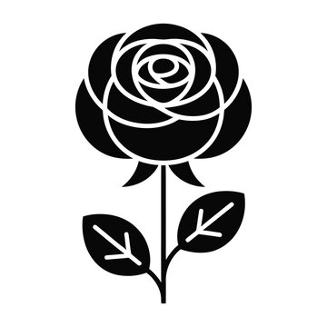 A striking black silhouette of a blooming rose with leaves and a slender stem silhouette