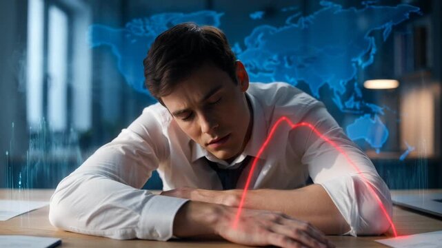 An exhausted businessman sleeps at his desk as a red holographic line graph plummets over a global map, signifying economic crisis and late-night burnout in a high-stakes financial environment.