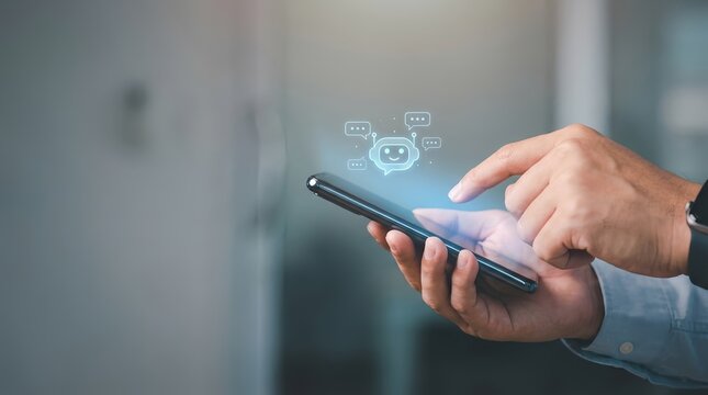 A person interacting with a smartphone displaying a chatbot interface in a modern indoor setting.