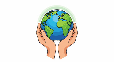 Fototapeta premium Cartoon hands cradling a vibrant Earth with a light green halo effect