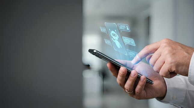 A person interacting with a smartphone displaying digital icons in a modern indoor setting