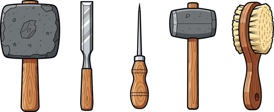 Set of five vintage woodworking and carving tools including mallets chisels and a brush white background cut out woodworking handmade illustration collection equipment hardware workshop