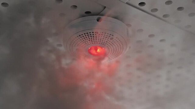 Smoke detector activates with red light and smoke emission, indicating potential fire hazard in a ceiling environment