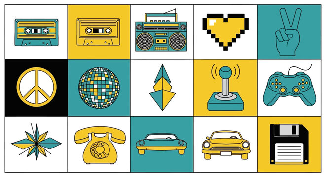Retro 80s 90s Pop Culture Icons Collage: Cassette, Boombox, Pacman, Peace Sign