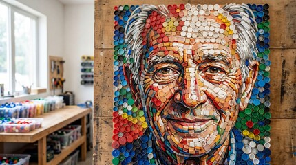 Fototapeta premium Textured Portrait Mosaic Made From Recycled Bottle Caps