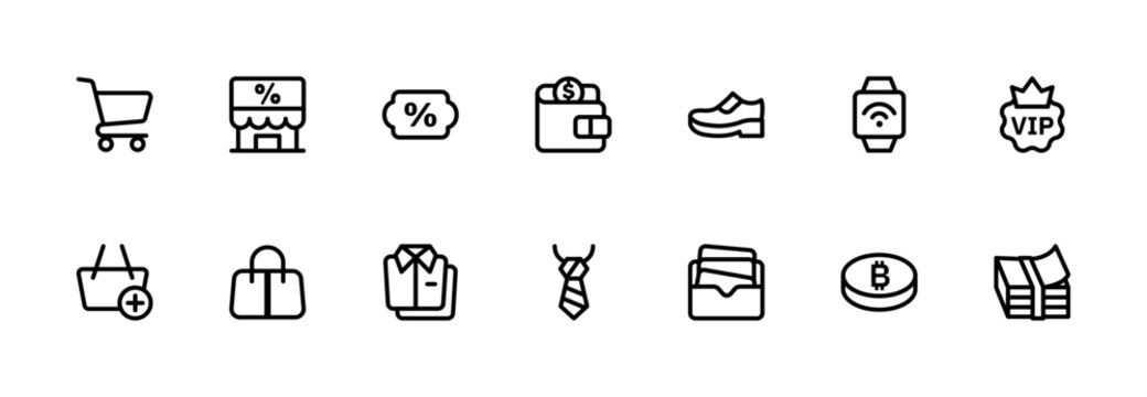 A minimal line icon set of shopping items designed for clean and simple UI, web and mobile applications, and general-purpose use.