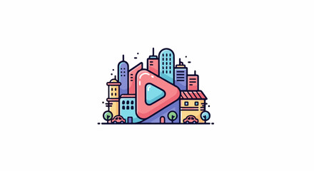 Naklejka premium Play button integrated into a colorful cityscape with cars and trees