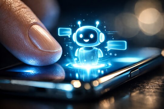 A person's finger interacting with a smartphone screen displaying a glowing blue chatbot icon
