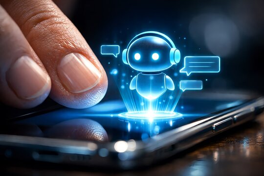 A person's finger interacting with a smartphone screen displaying a glowing blue chatbot icon with speech bubbles