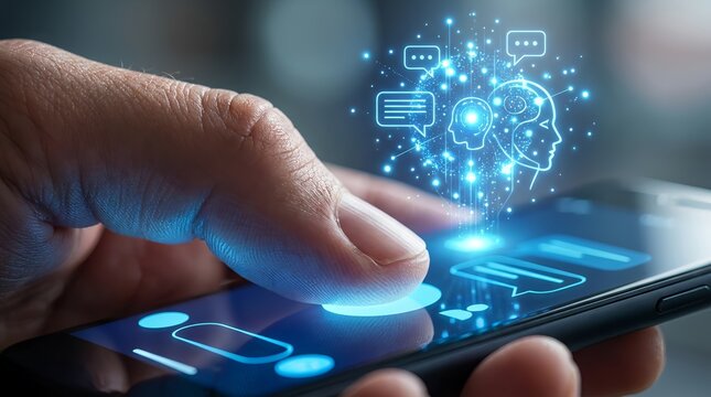 A hand interacting with a smartphone screen displaying glowing blue icons and symbols representing artificial intelligence and communication.