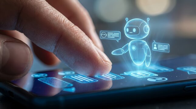 A person's finger interacting with a smartphone screen displaying a glowing blue robot and chat icons