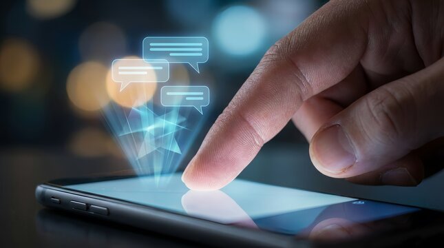 A hand interacting with a smartphone screen displaying chat icons in a dark environment