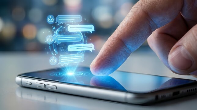 A hand interacting with a smartphone screen displaying glowing blue chat icons
