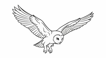 Obraz premium A line drawing of a barn owl with wings spread wide in mid-flight