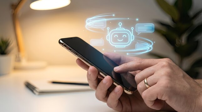 A person holding a smartphone with a digital robot icon floating above the screen in a modern office setting