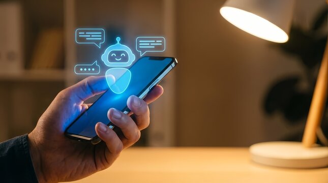 A person holding a smartphone with a chatbot interface on the screen in a dimly lit room