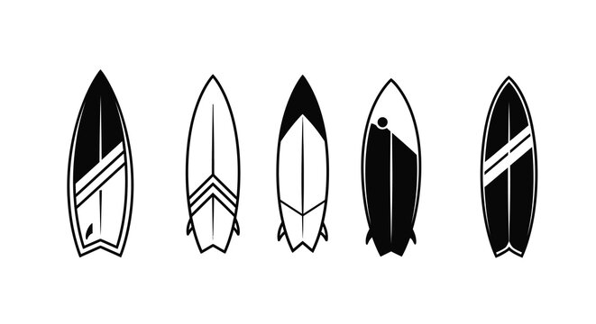 Five surfboard designs displayed in a minimalist black silhouette