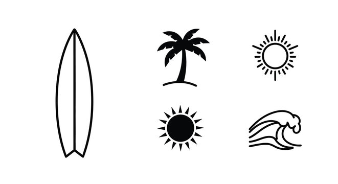 Tropical beach icons with surfboard palm tree and sun a silhouette