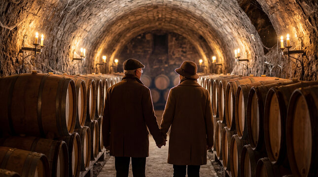 Elderly couple holding hands while exploring a wine cellar with a cozy, rustic atmosphere. Surrounded by oak barrels under candlelight, creating a romantic setting. Image made using Generative AI.