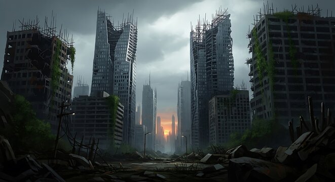 Post-Apocalyptic Cityscape - Ruins and Desolation in a Fallen Metropolis.
