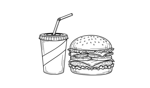 Black and white burger and soda doodle illustration minimal hand drawn fast food vector