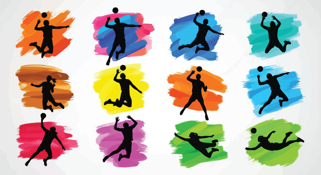 Colorful athletic silhouettes, running and jumping icons, fitness vector graphics, sporty illustrations