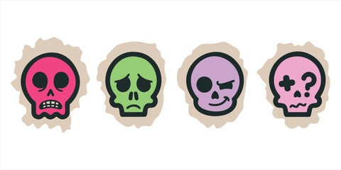Fototapeta premium Cartoon skull stickers with facial expressions, set of 4 colorful skull emojis on torn paper, punk rock aesthetic vector icons for street wear