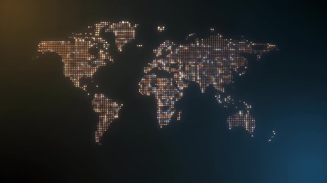 A glowing world map showcases city lights across continents at night.