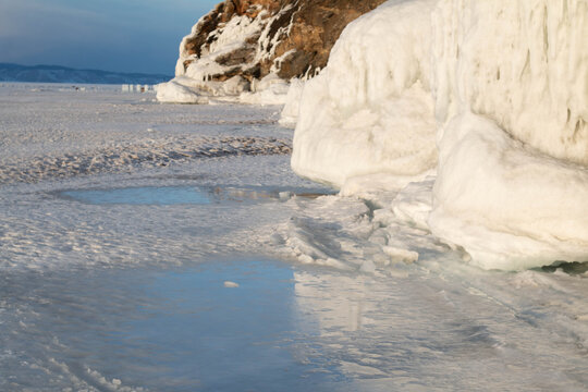 snow covered rocks, melting glaciers